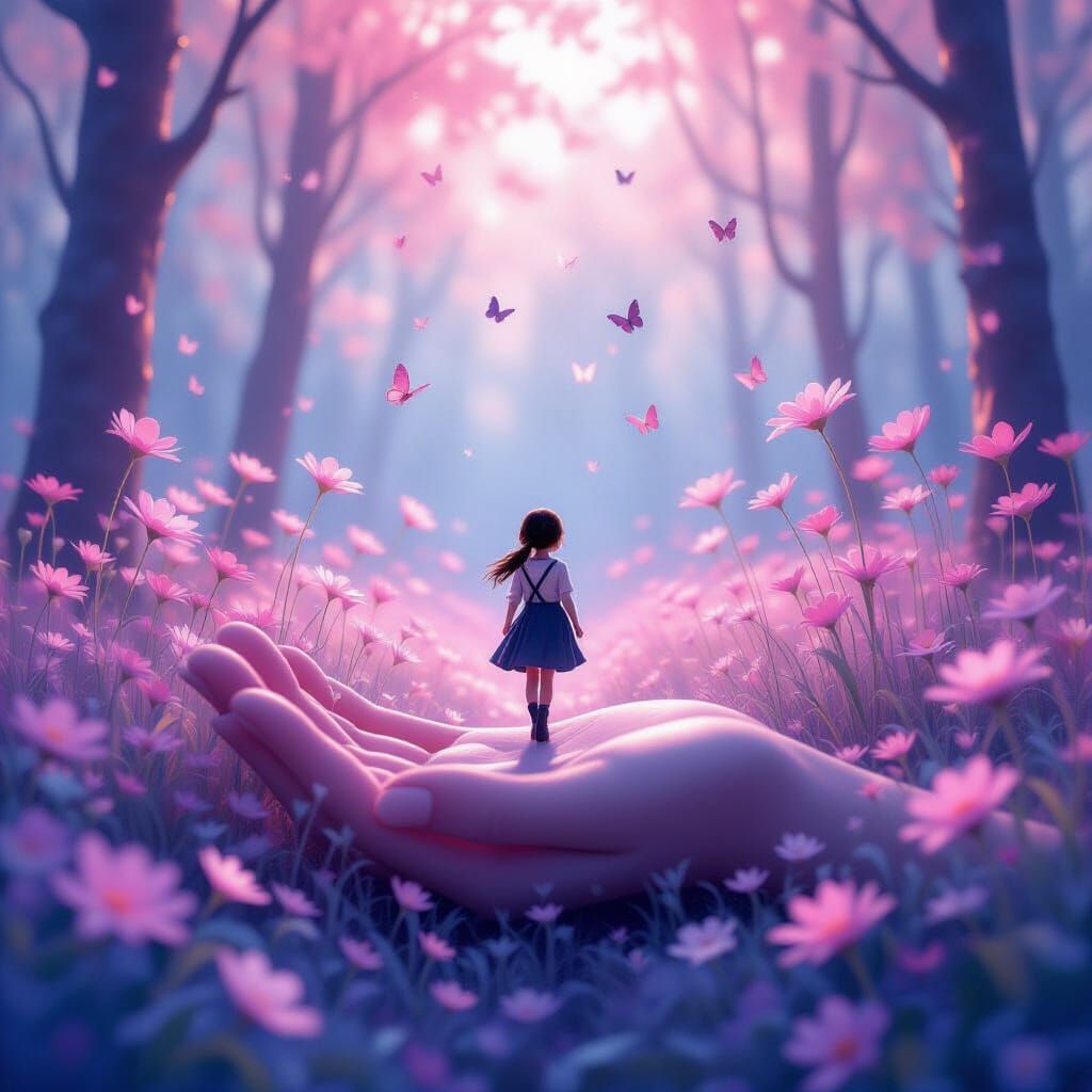 Miniature Pastel Forest on Giant Hand with Glowing Light