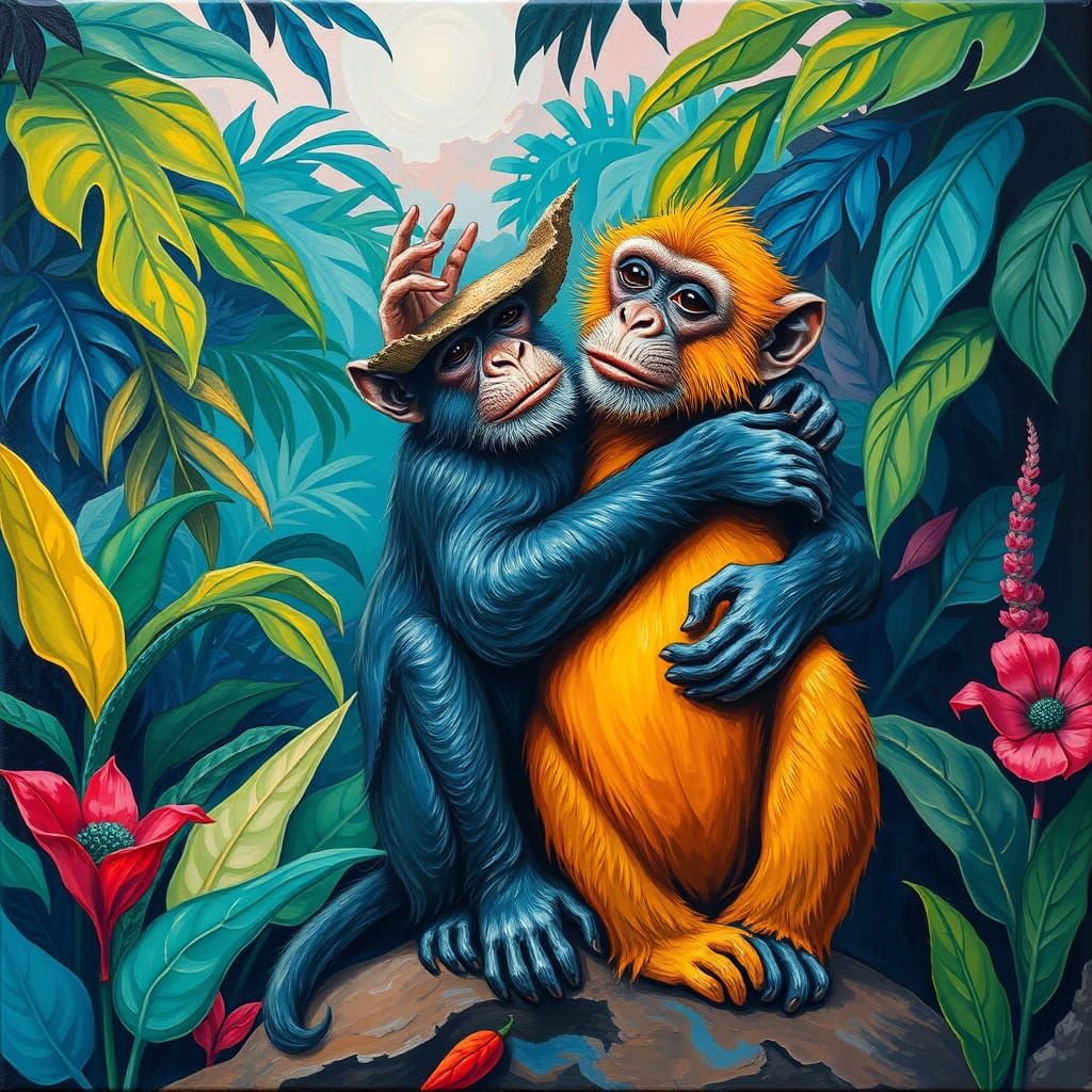 Vibrant Monkey Couple in Expressive Jungle Scene