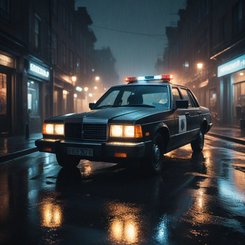 Gritty 1900s Police Car Lights Up a Rainy Night in Film Noir...