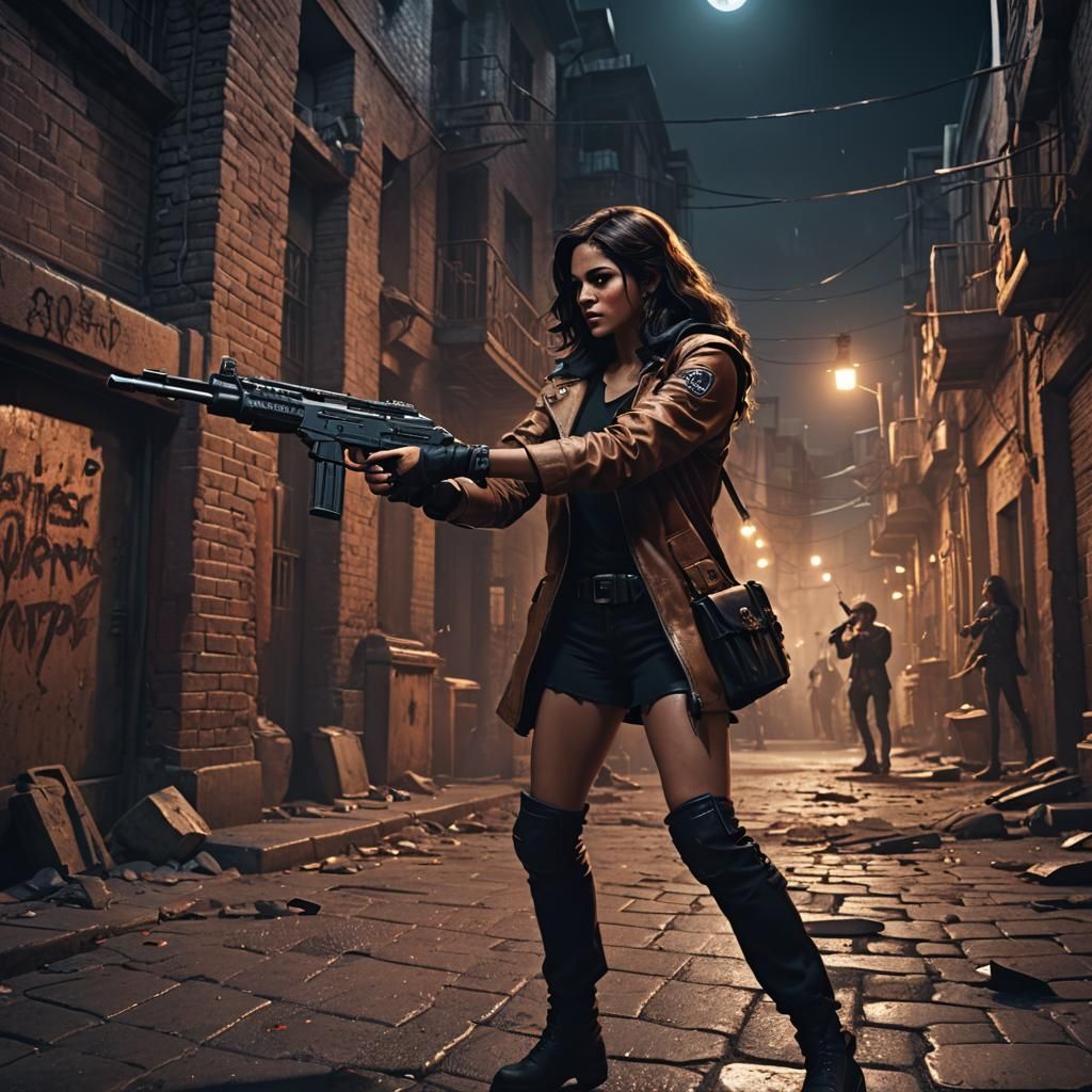 Latina Woman Versus Vampire in Dark Alley