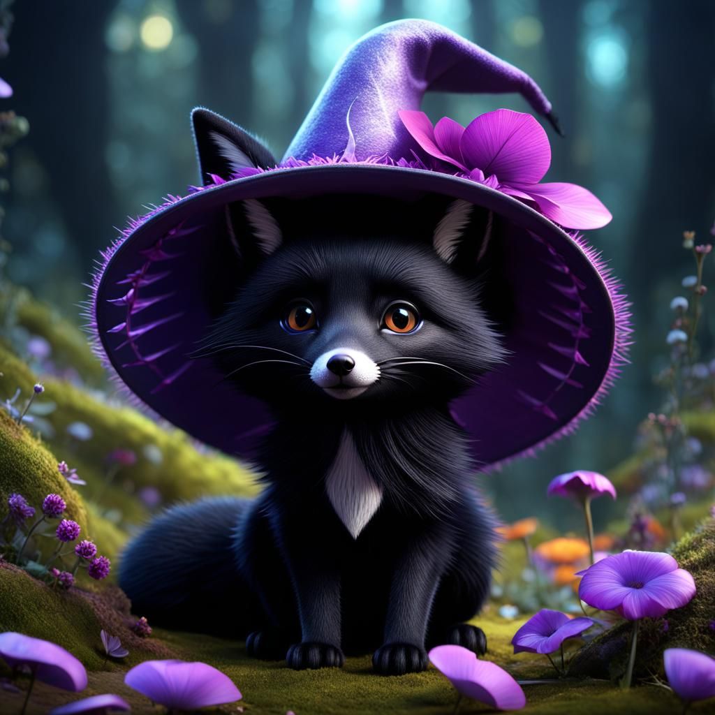 Adorable Black Fox in Witch Hat 3D Animation
