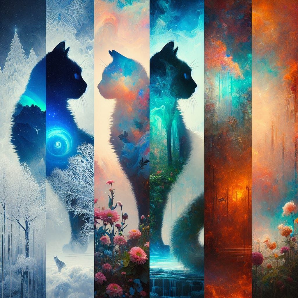 Seasonal Cats in Glitchcore Surrealism