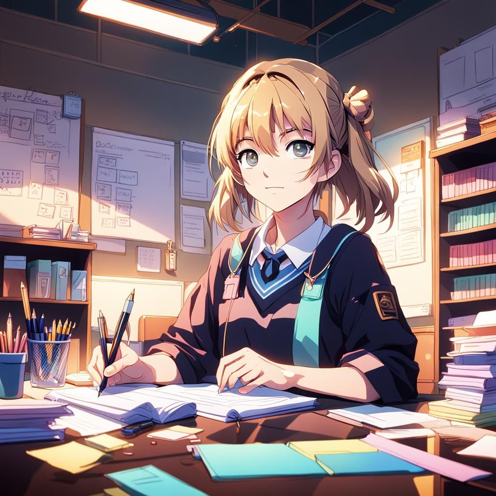Anime Girl in Cozy Classroom, Studio Trigger Style