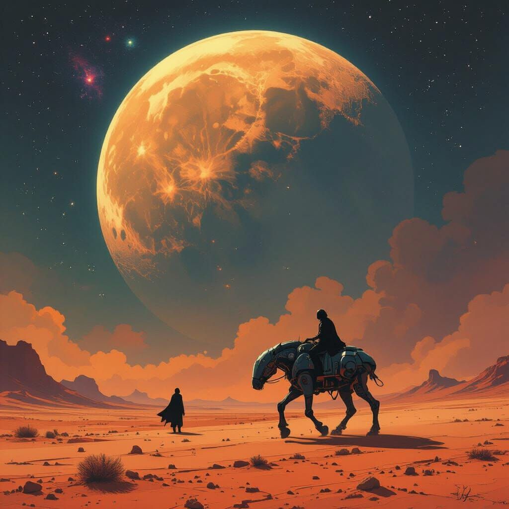 Cosmic Traveler on Mechanical Steed Under Alien Moon