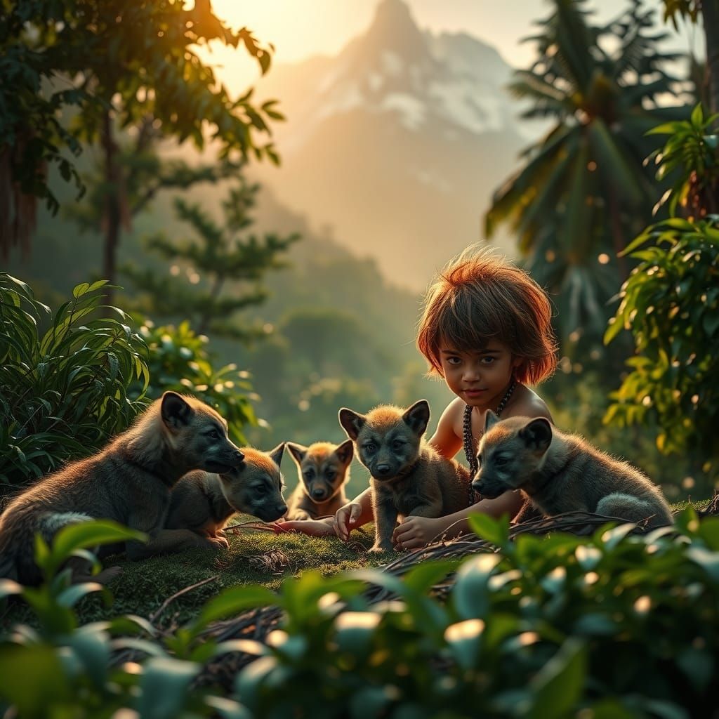 Mowgli and Wolf Cubs in the Jungle