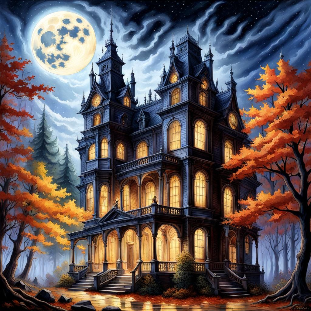 Haunted Gothic Mansion in Watercolor Autumn Forest