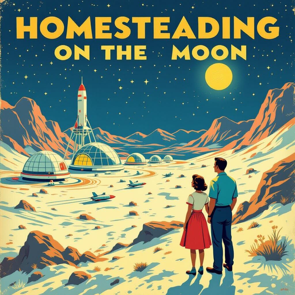 Vintage Lunar Homestead Poster: Retro Future Illustration