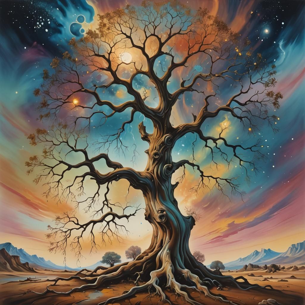 Surreal Century-Old Tree with Stardust Glow, Oil Painting