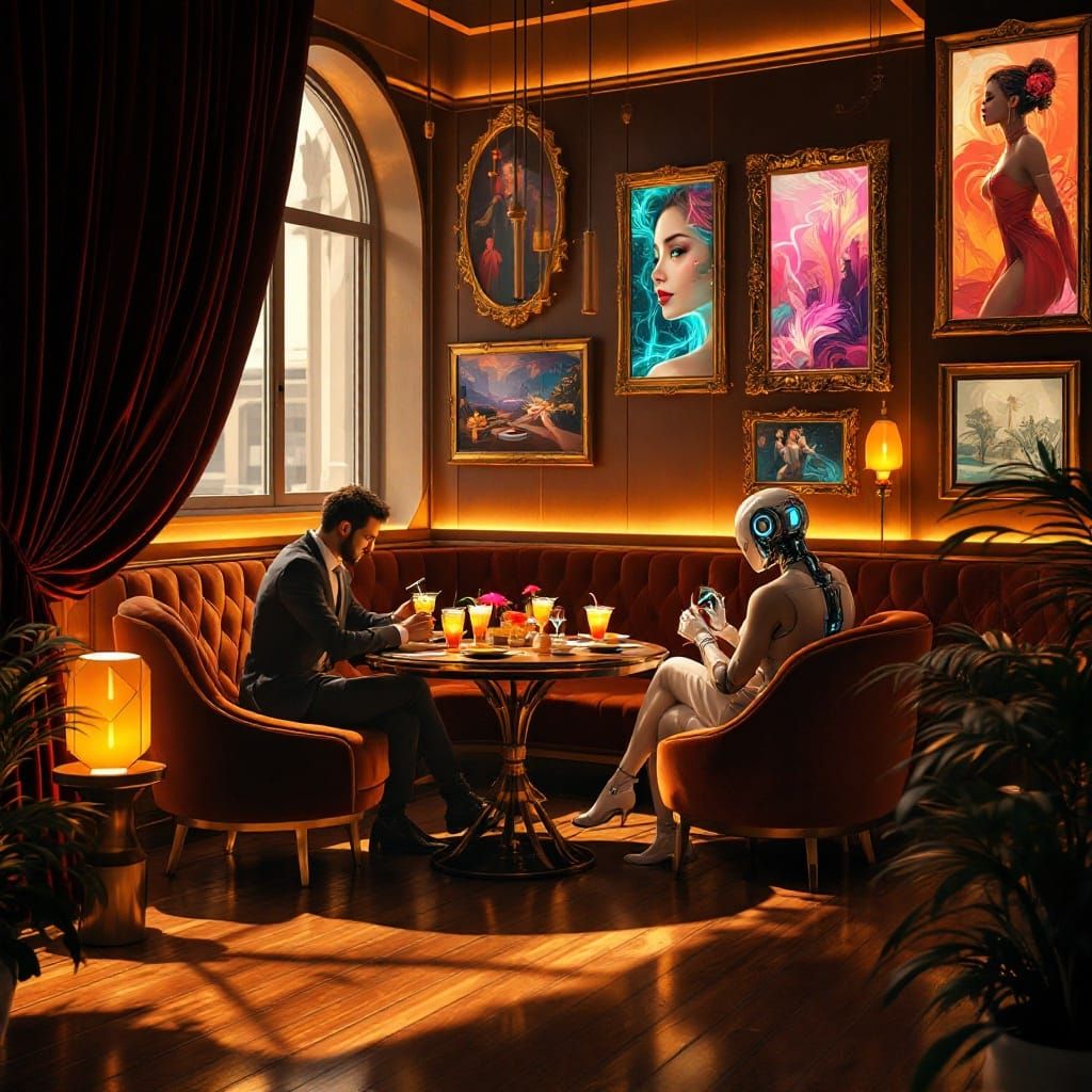 Futuristic Night Cafe Emerge in Warm Golden Lighting