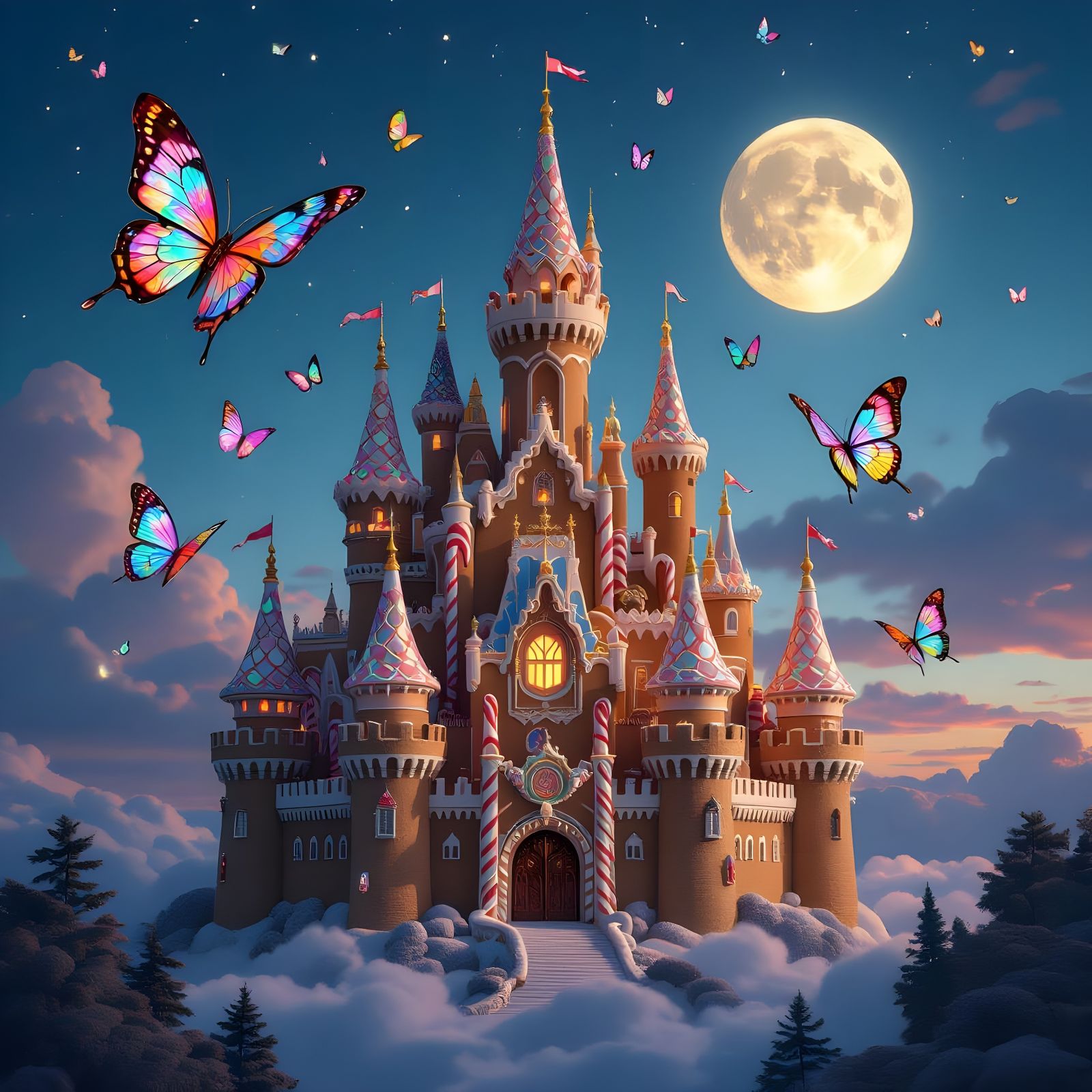 Surreal Gingerbread Castle in Twilight Sky
