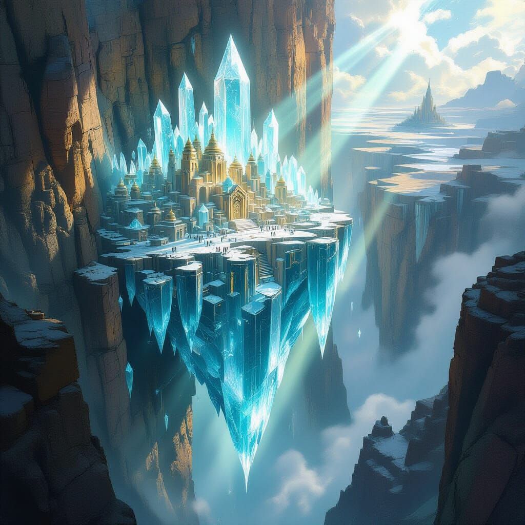 Crystalline City Hanging From Cliff In Fantasy Concept Art S...