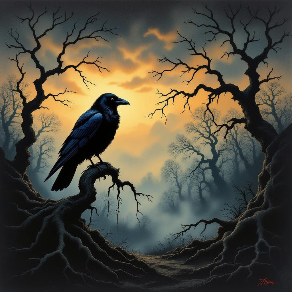 Gothic Raven on Gnarled Branch in Stormy Twilight