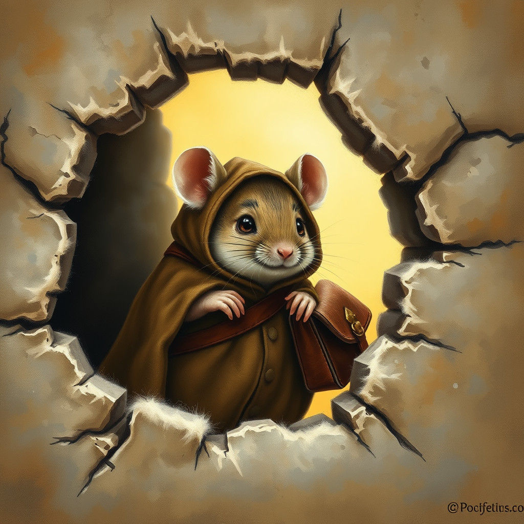 Mouse in Cloak Peeks from Wall Hole, Whimsical Art