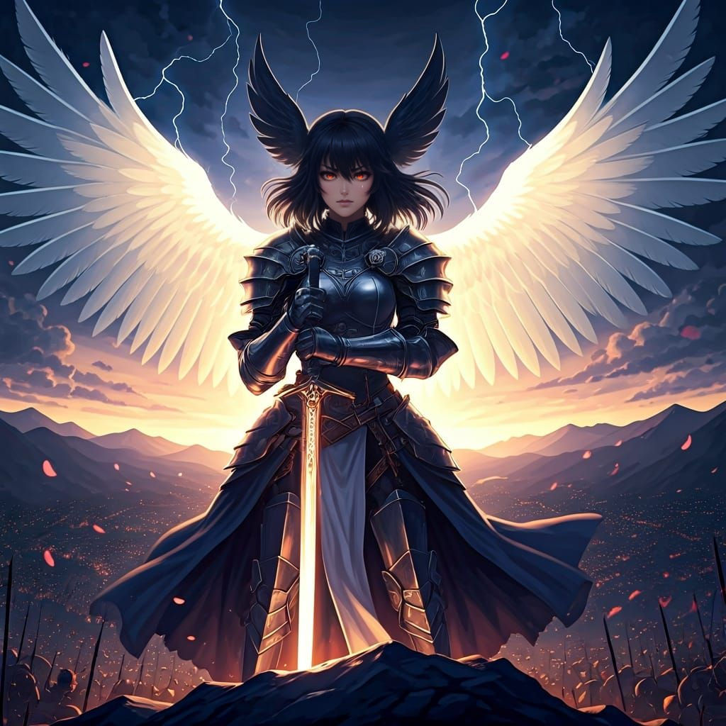 Fierce Valkyrie Overlooks Battlefield in Anime Style