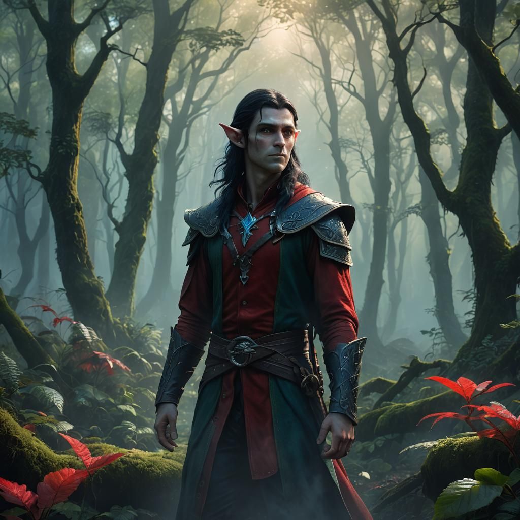 young male elf with black long hair and blue eyes and small ...