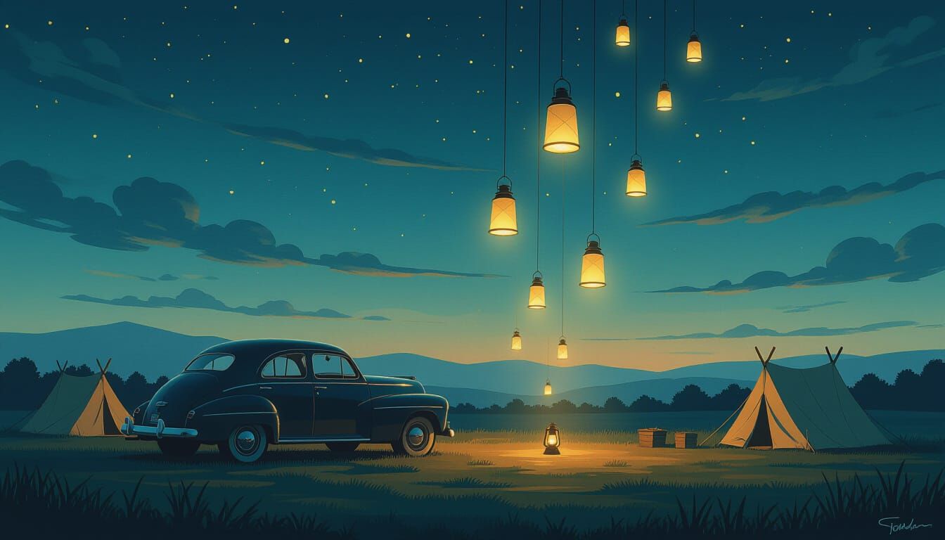 Vintage Car and Lanterns in Moody Landscape