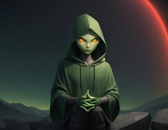 Hooded Green Alien Meditation Under Night Sky