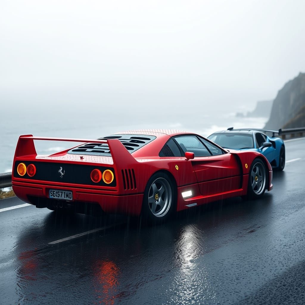 Racing Cars in Stormy Weather, a Futuristic Automotive Scene