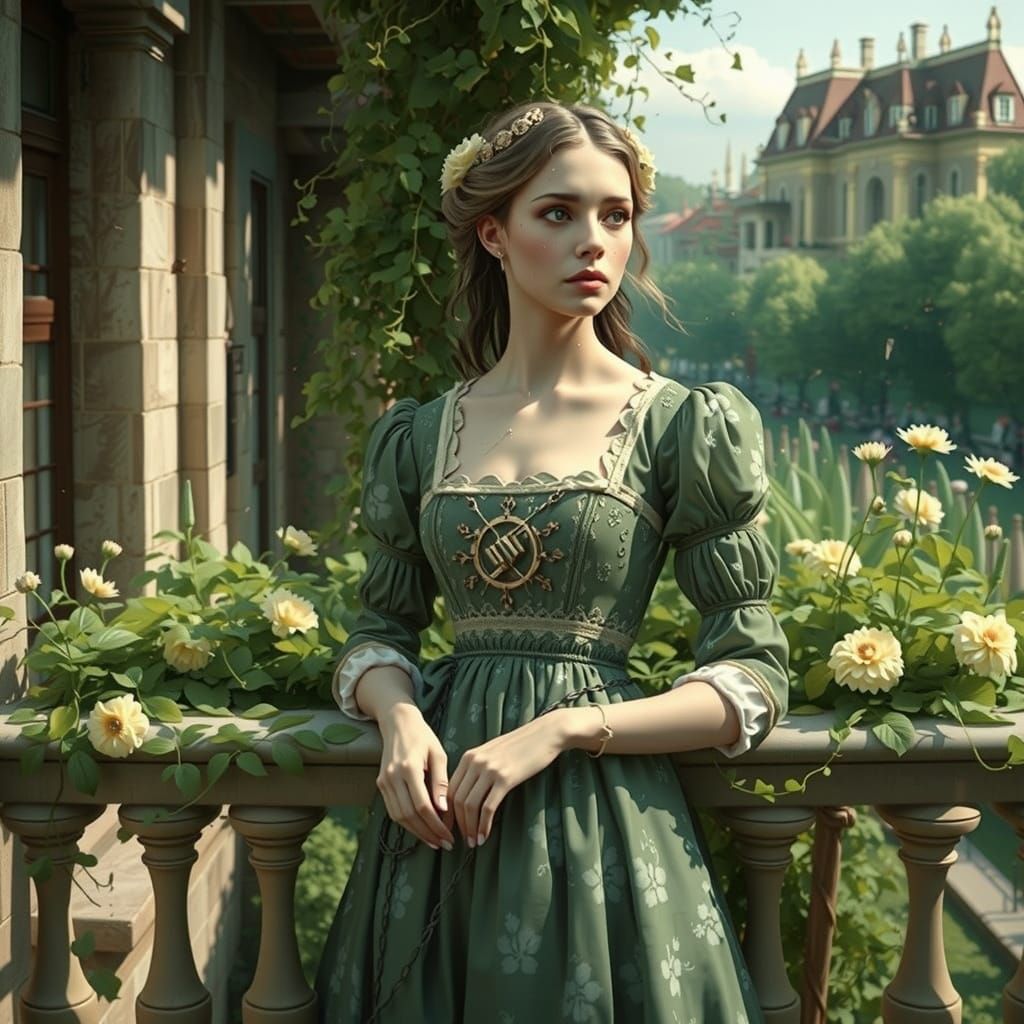 Woman on Balcony with Kintsugi Skin, Photorealistic