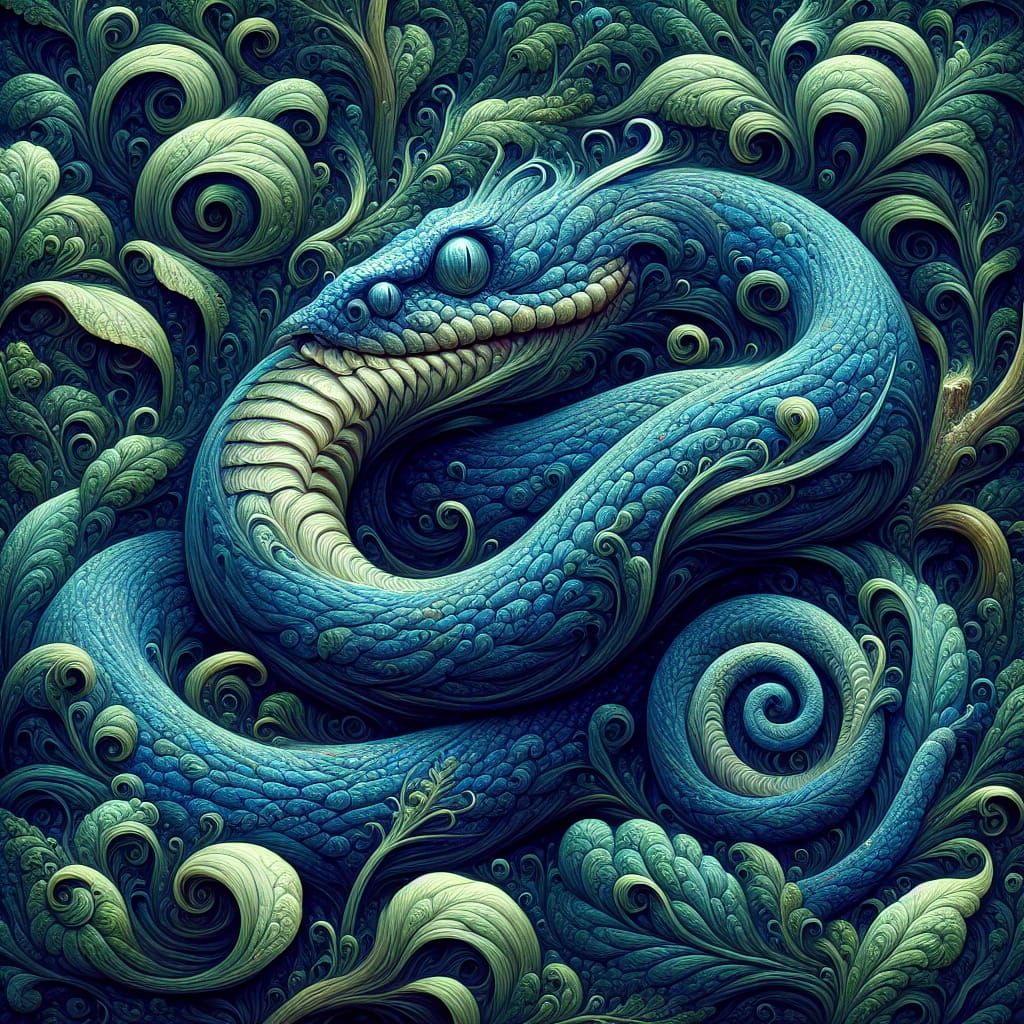 Whimsical Blue Snake in a Tempest of Leaves