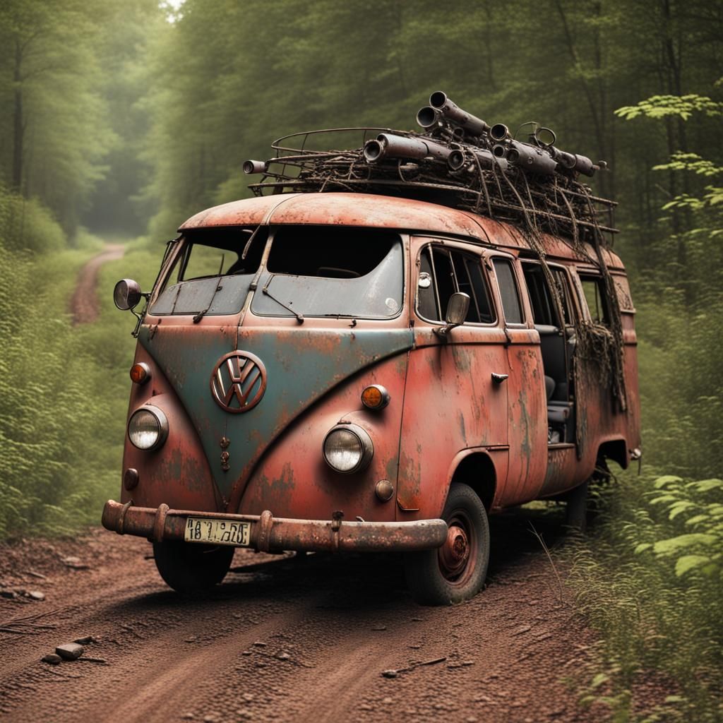 Post-Apocalyptic VW Transporter on Ruined Road