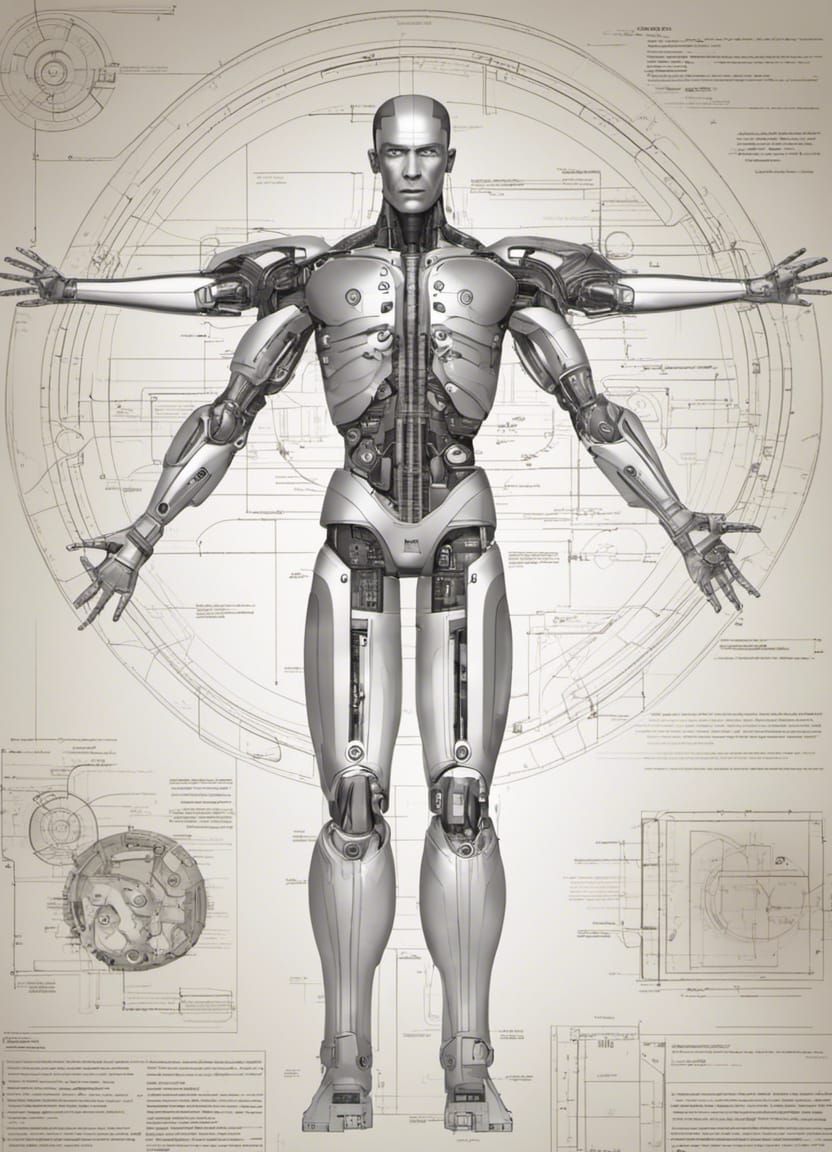 Futuristic Cyborg Anatomy Schematic with Holographic Bluepri...
