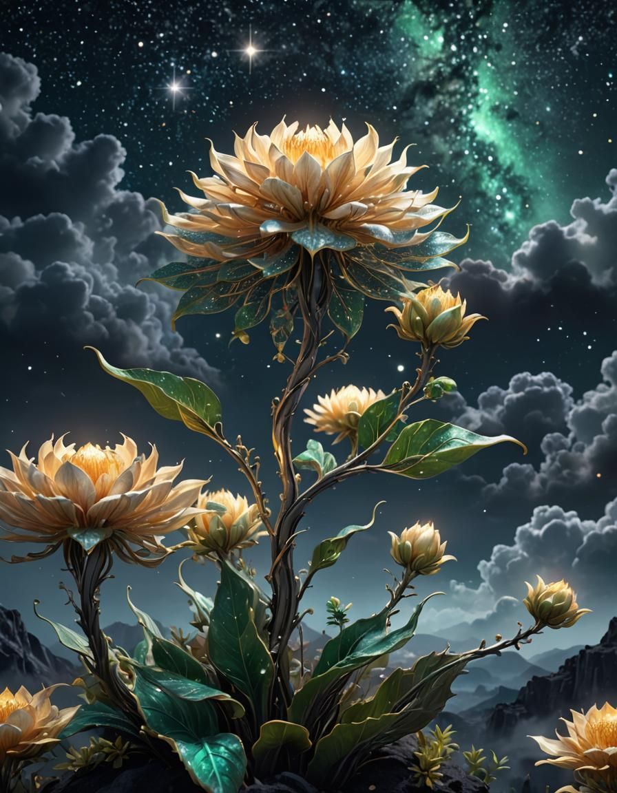 Fantasy Plant Blooms on Starry Night: CGI Fine Art