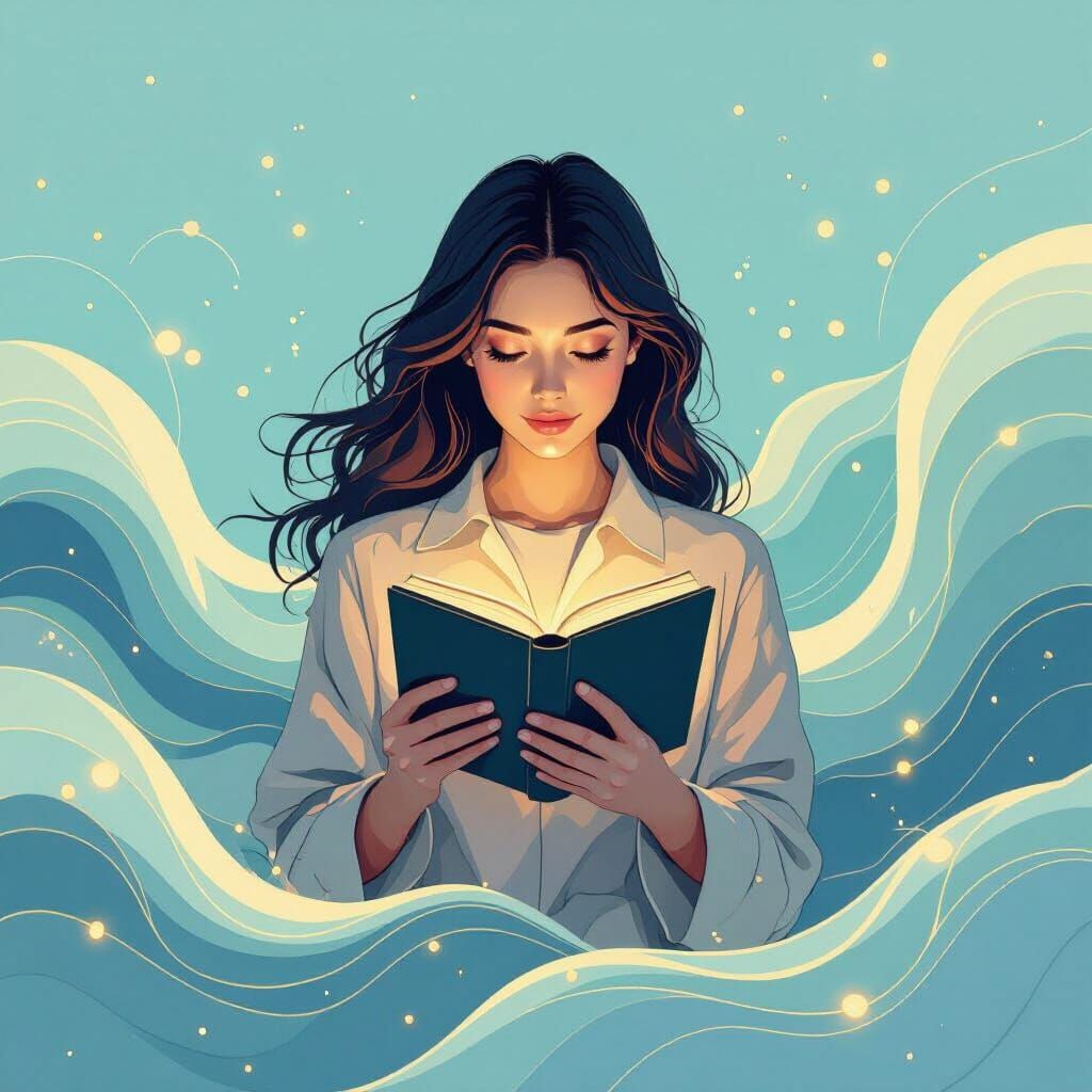 Woman with Book and Abstract Waves in Futuristic Style