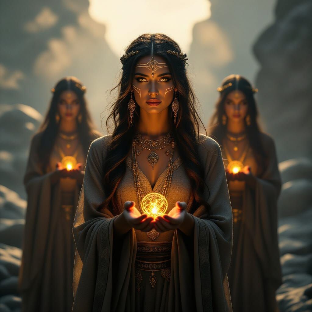 Mystical Women in Misty Rocks with Tribal Markings