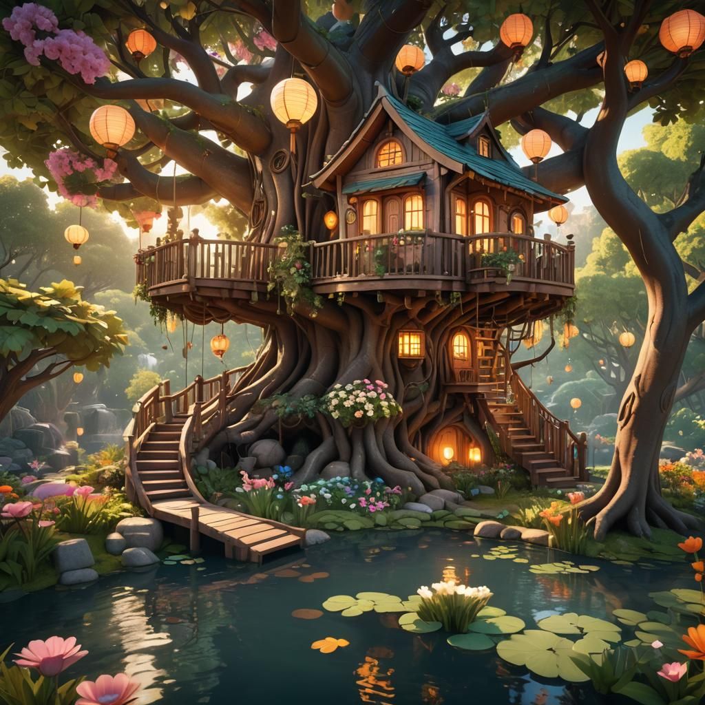 Whimsical Treehouse with Glowing Lanterns, 3D Render