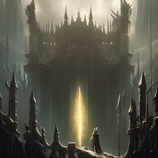 Ominous Ivory Gates in Dark Fantasy Landscape