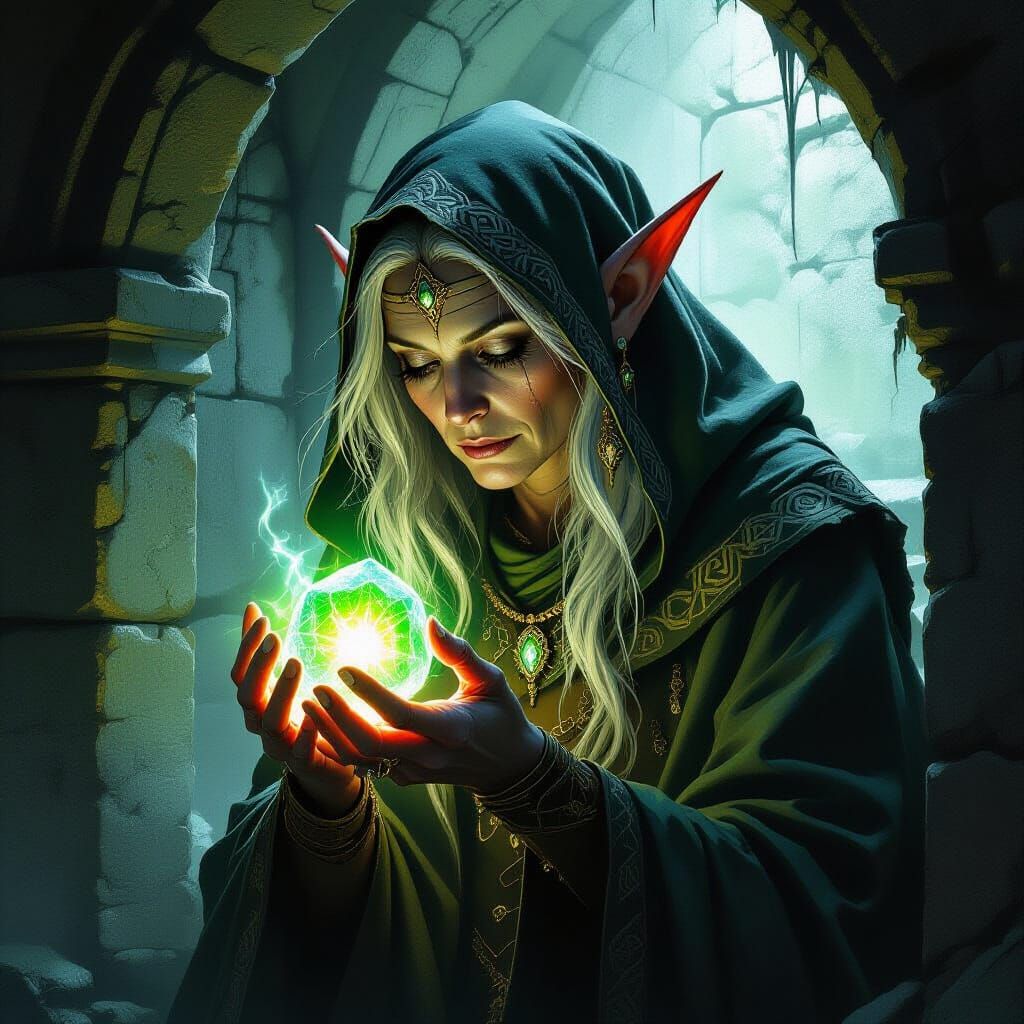 Elven Sorceress in Crypt: Dark Fantasy Digital Art