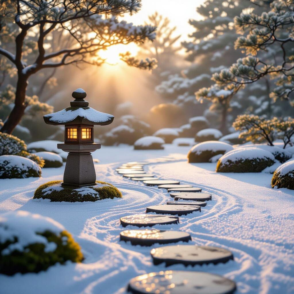Serene Snow-Covered Zen Garden at Dawn