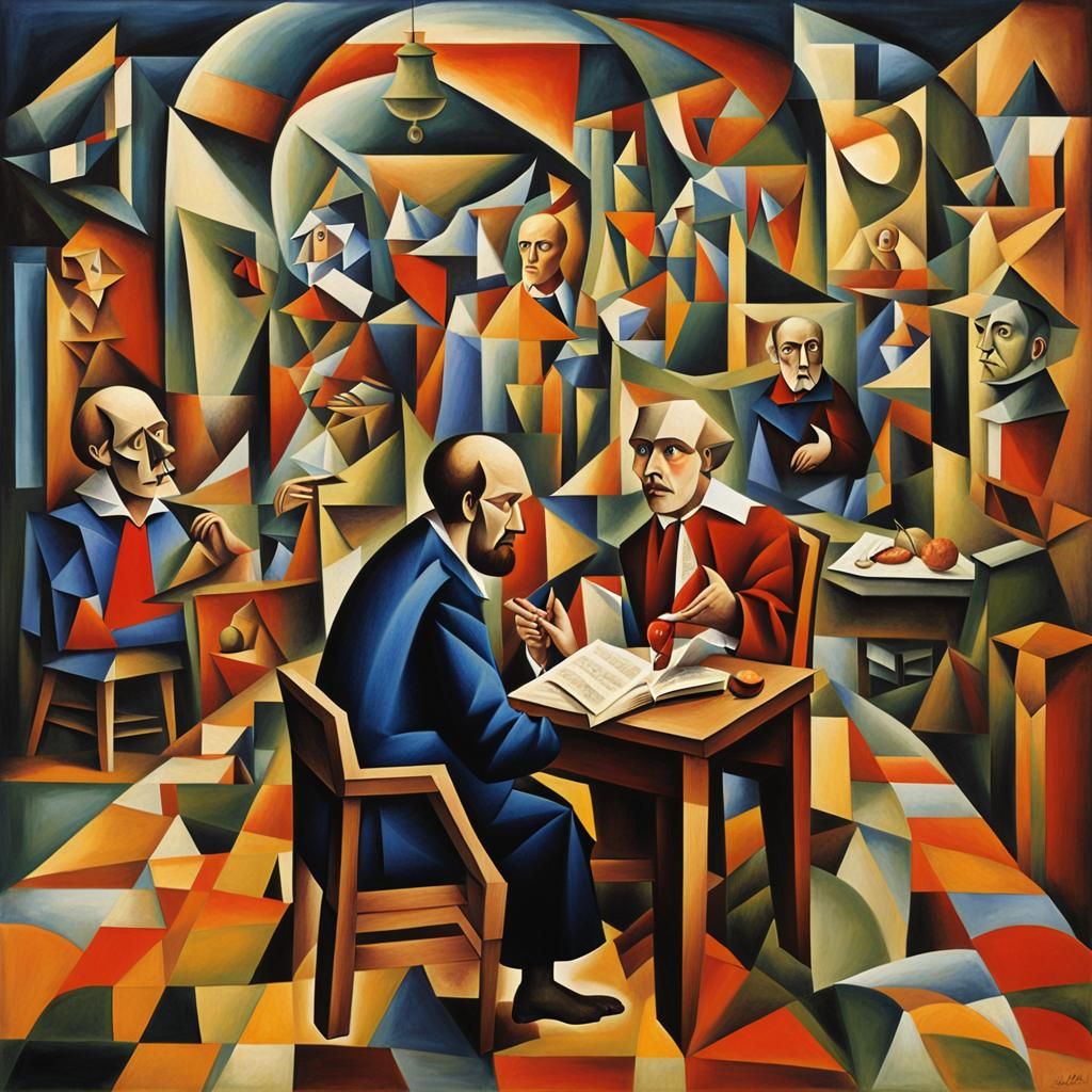Surreal Portrait with Dying Creatures in Cubist Style