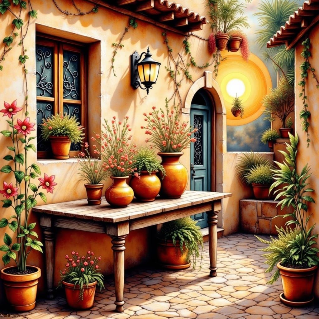 Courtyard Still Life in Naive Art Style
