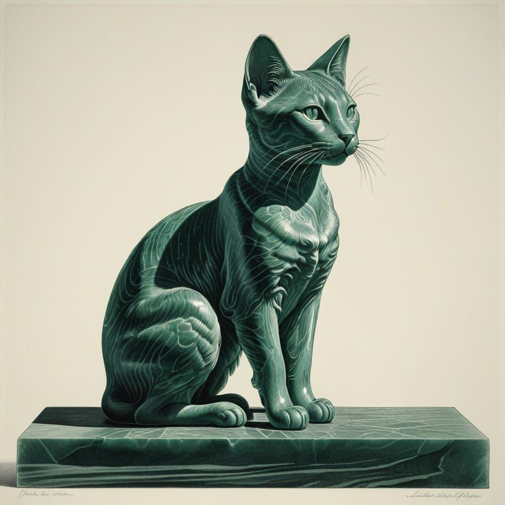 Glabrous Jade Cat Idol in 15th Century Copperplate Etching S...