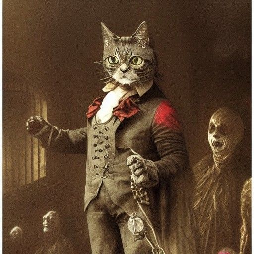 Dark Mage Cat in Clown Suit, Hyperrealistic Horror