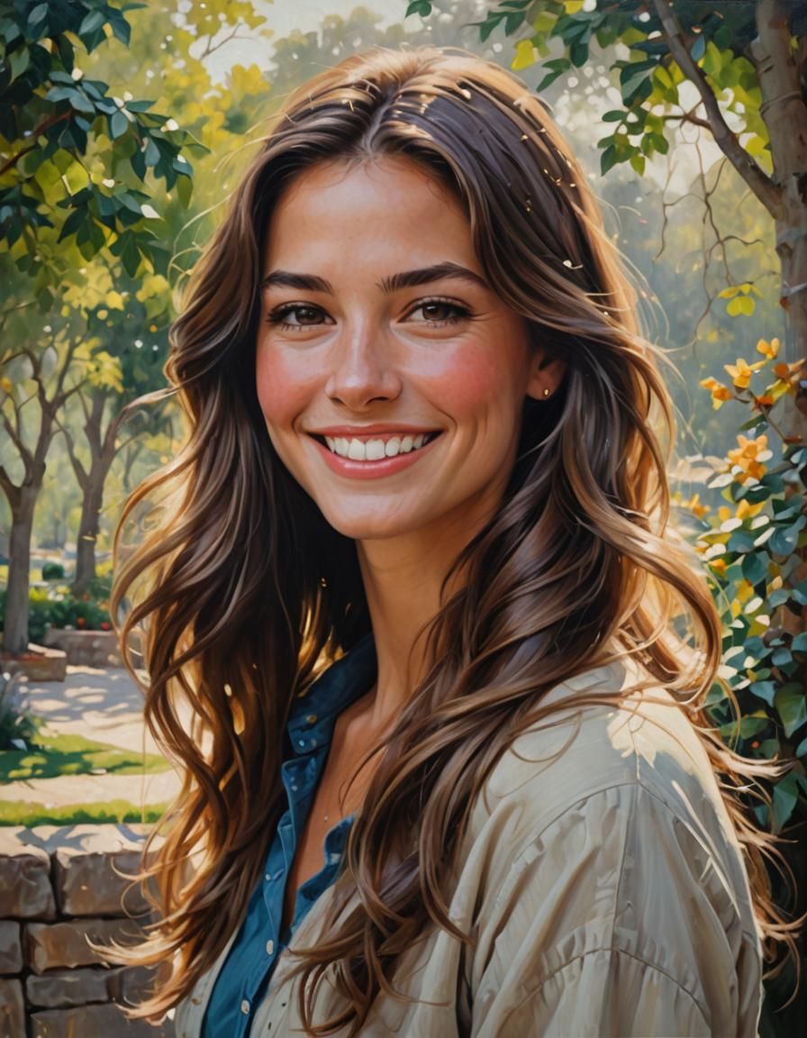 Portrait of Pretty Woman with Long Hair as Oil Painting