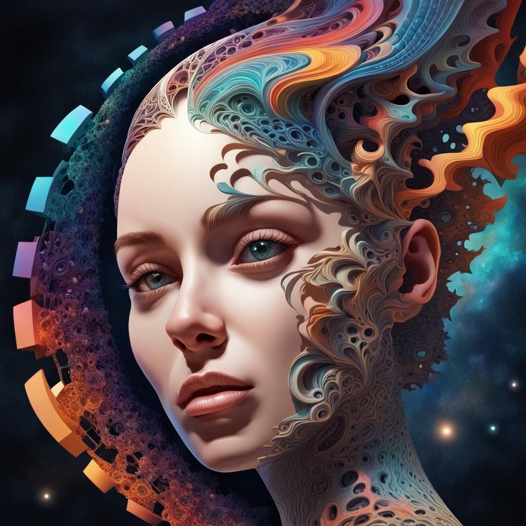 Fragmented Woman Head in Space, Hyperrealistic Splash Art