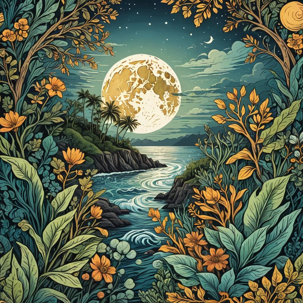 Costa Rican Moonlit Ocean Woodcut in Hyperrealistic Style