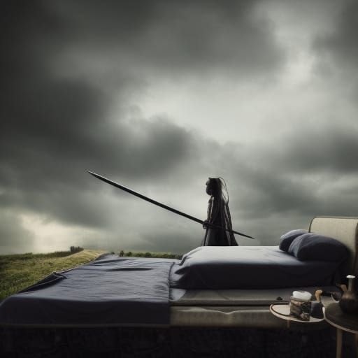 Battlefield Bedroom: Swords, Stormy Sky, Digital Art