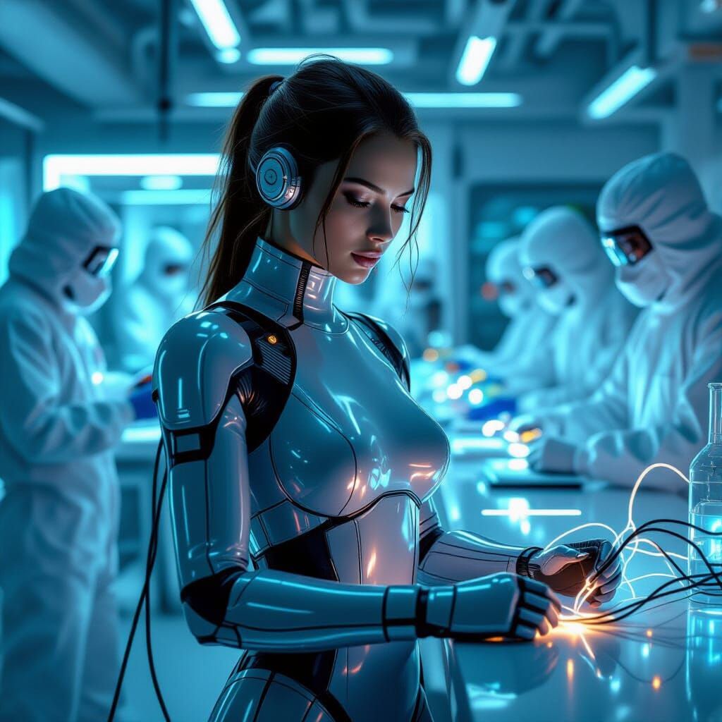 Android in Lab, Photorealistic Sci-Fi Art