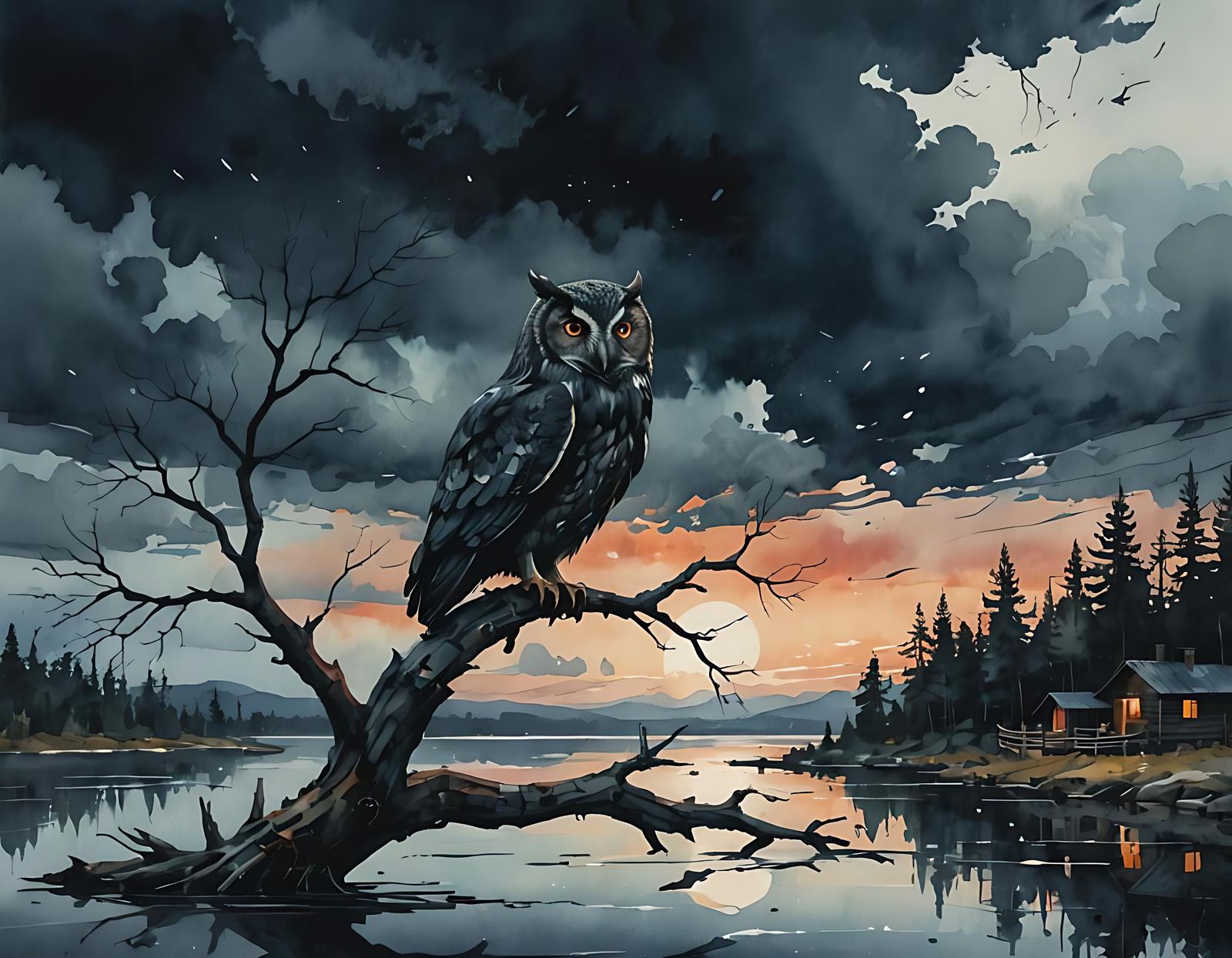 Moody Watercolor Owl on Branch in Stormy Sky