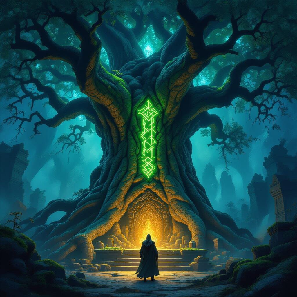 Ancient Tree Sanctuary with Glowing Runes and Sorcerer