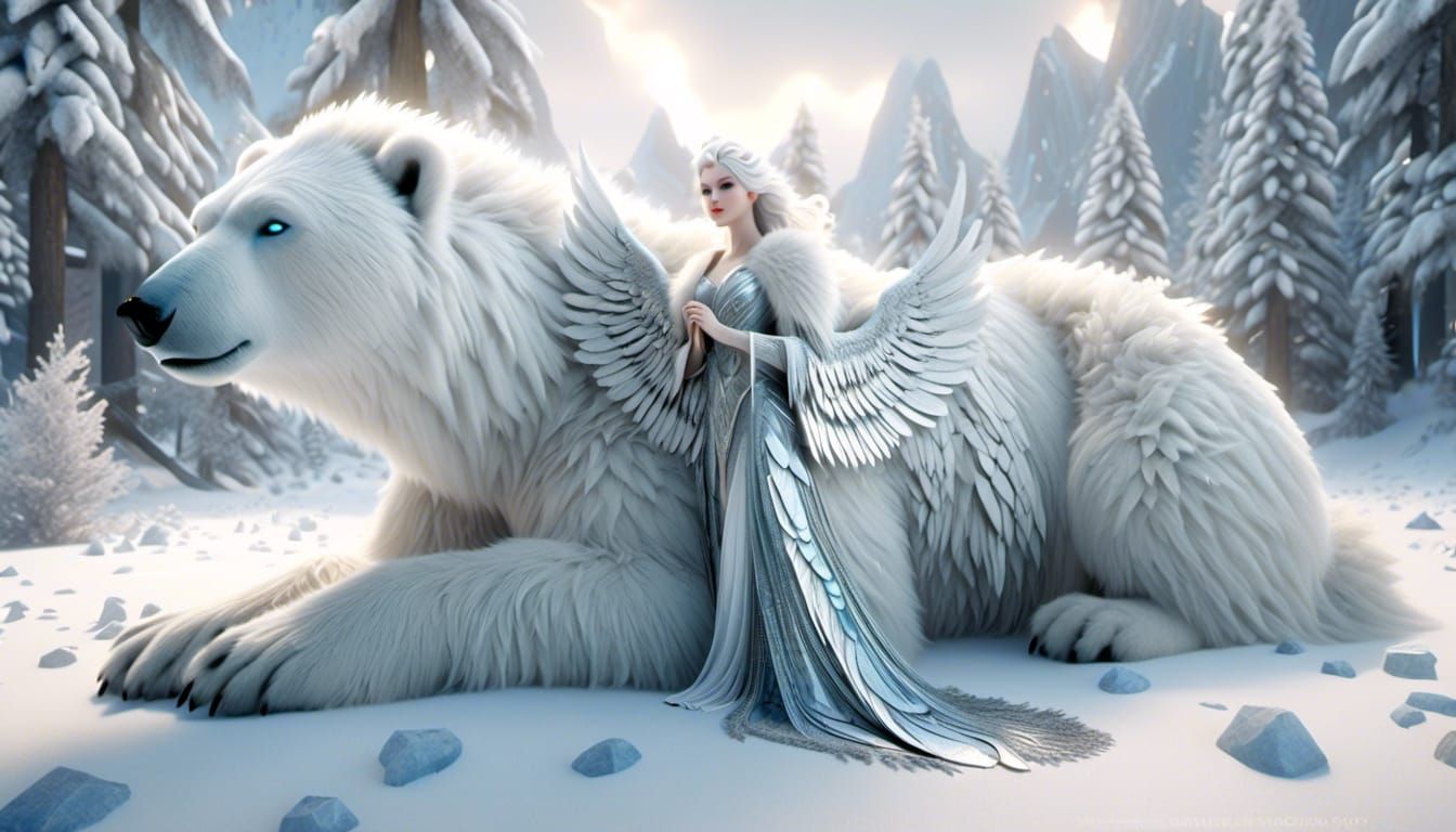 Winter Angel with Polar Bear: Hyperdetailed 3D Rendering