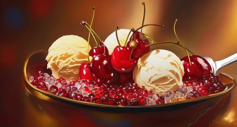 Opulent Cherry and Diamond Ice Cream, Oil on Canvas