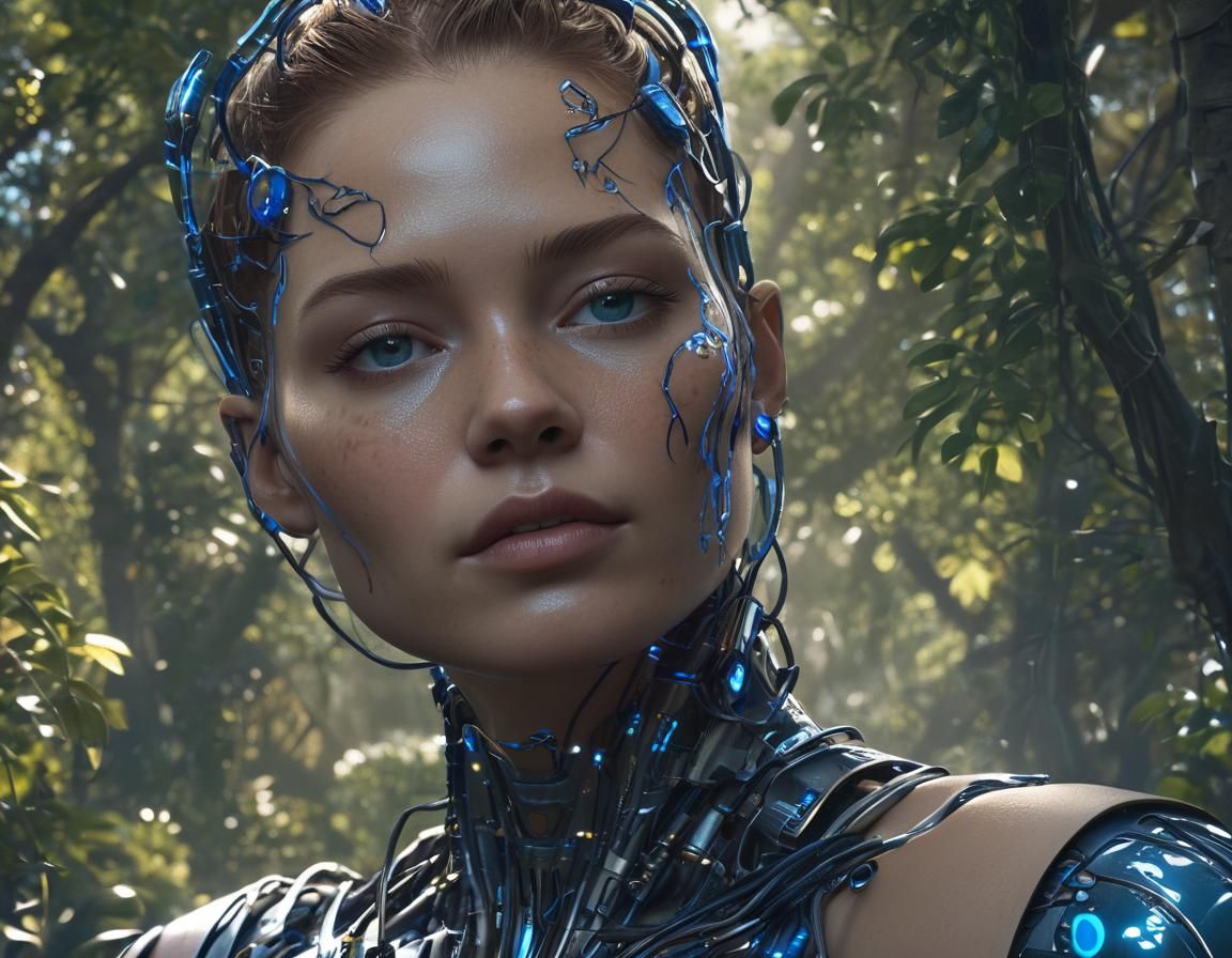 Cyborg in Greenery: Futuristic Concept Art