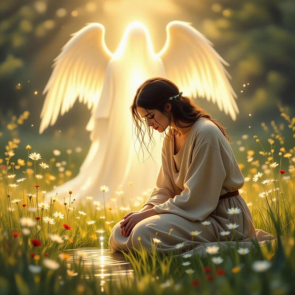 Mourning Figure in Sunlit Meadow: Watercolor Painting