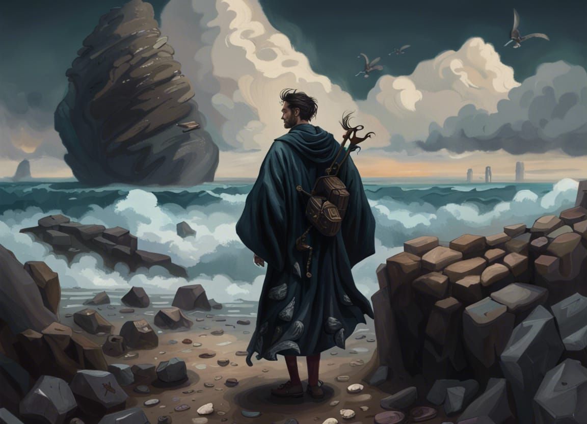 Figure Searches by the Sea in Detailed Matte Painting