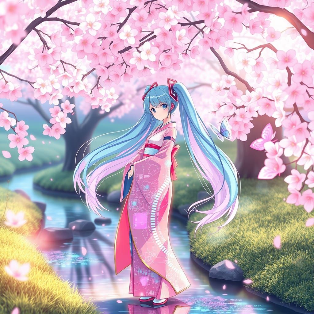 Hatsune Miku: Digital Spirit in Cherry Blossom Garden